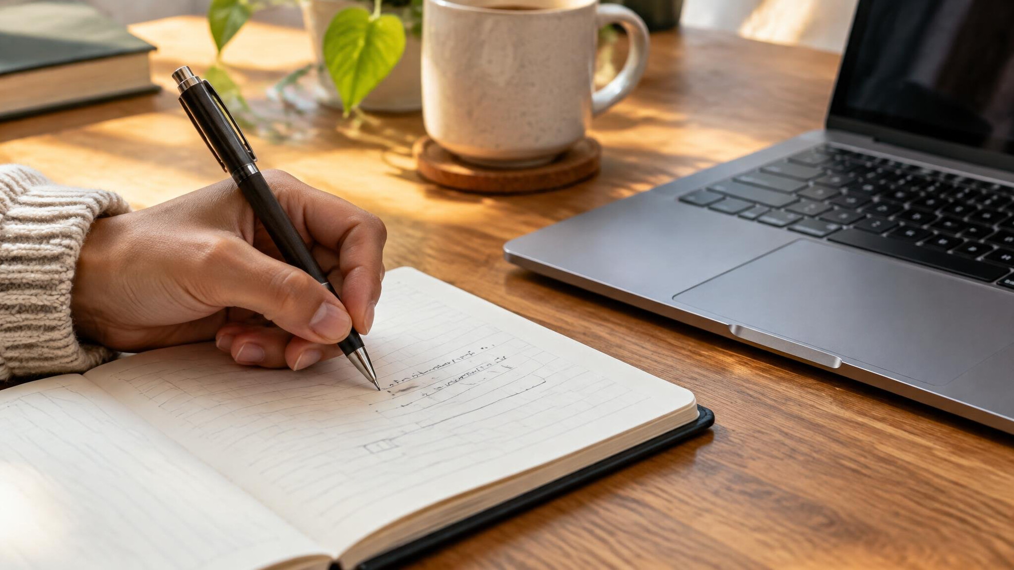 Hand writing in a notebook next to a laptop