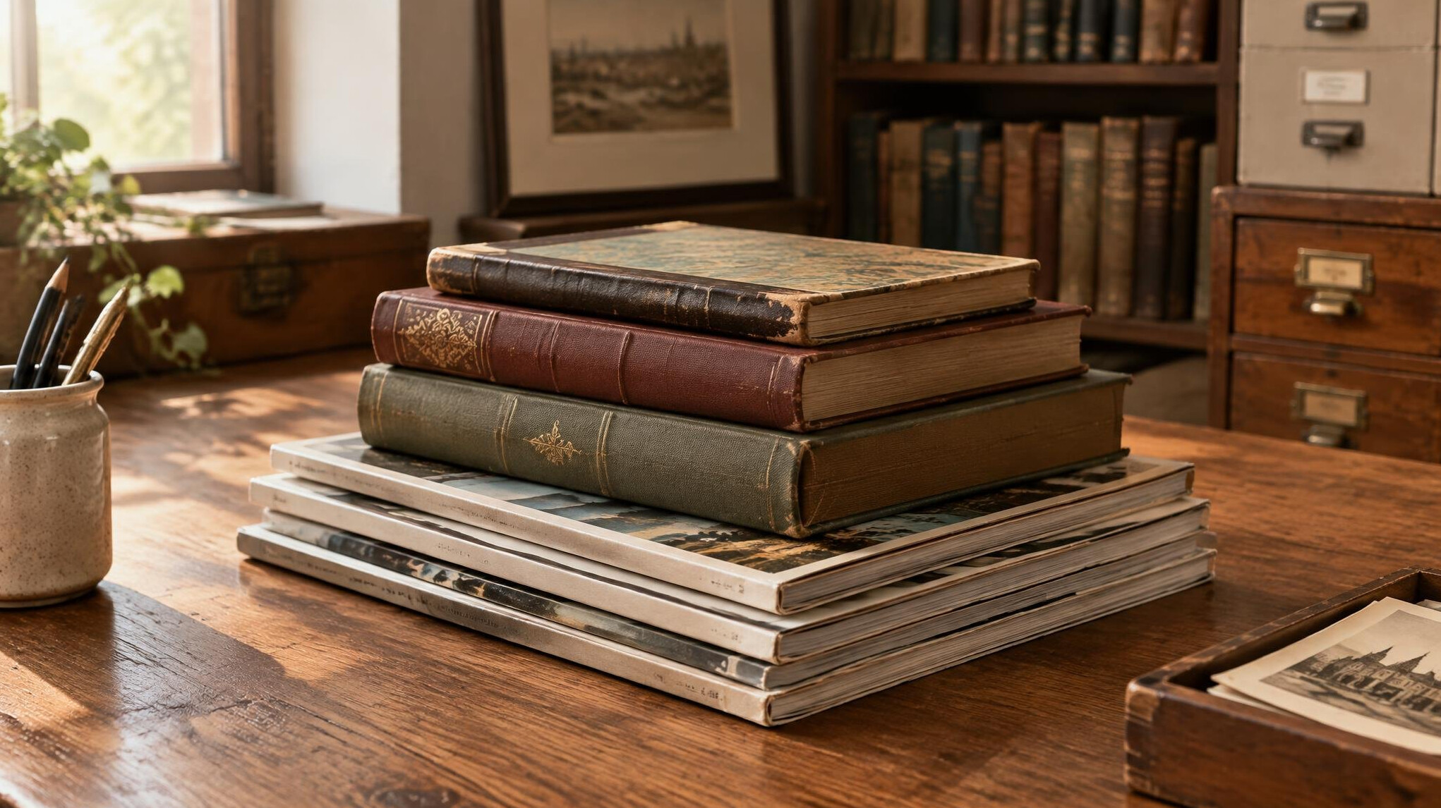 Stack of old books and magazines on a table