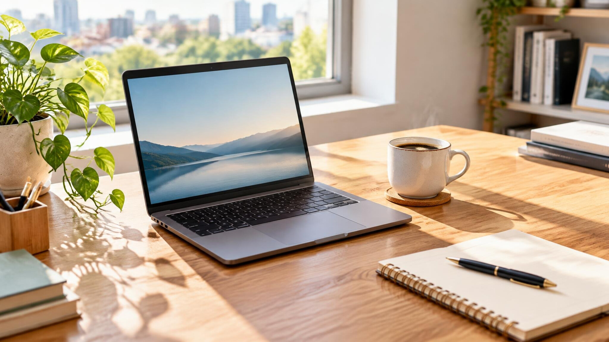 Laptop on a desk with coffee and notebook